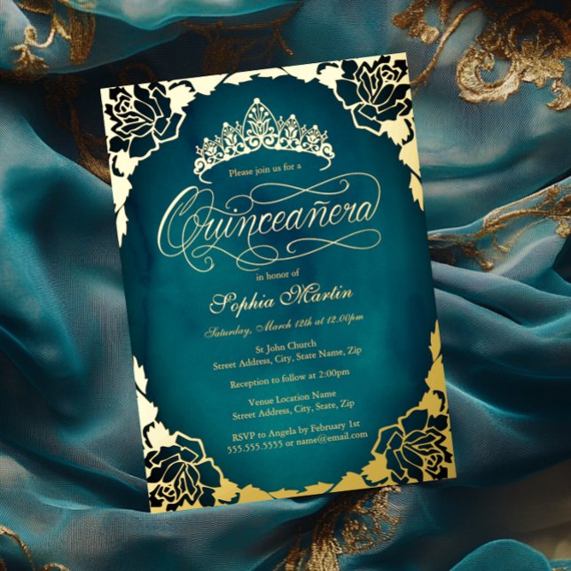 Royal Teal Gold Elegant Script Quinceanera  (Creator Uploaded)