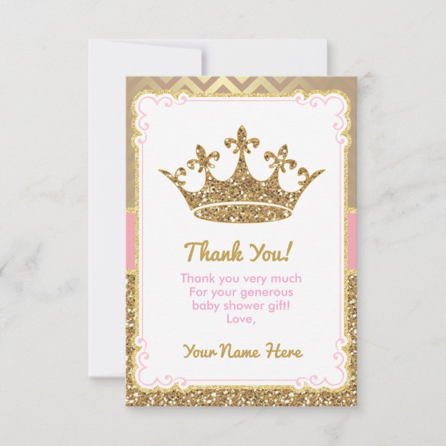 Royal Thank You Card Pink Gold Glitter Crown (Front)