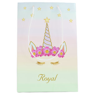Royal Unicorn, Flowers & Stars on Pastel Colours Medium Gift Bag