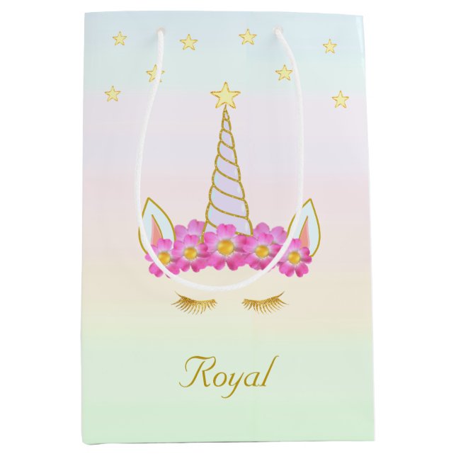 Royal Unicorn, Flowers & Stars on Pastel Colours Medium Gift Bag (Front)
