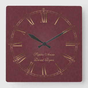 Royal Vintage Gold Burgundy Roman Numeral Monogram Square Wall Clock