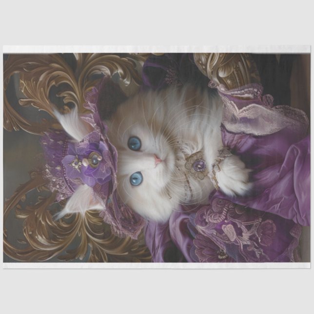 Royal Vintage Lace White Cat Decoupage  Tissue Paper (Front)