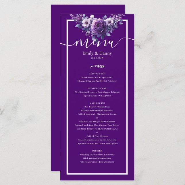 Royal violet élégant violet Mariage botanique Menu (Devant / Derrière)