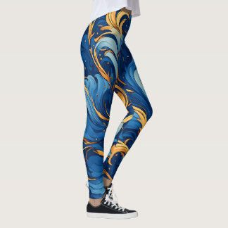 Royal Waves of Whimsy Swirls of Blue & Gold Leggings