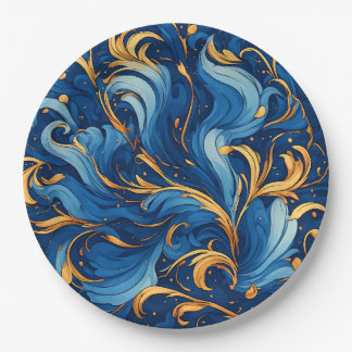 Royal Waves of Whimsy Swirls of Blue & Gold Paper Plate