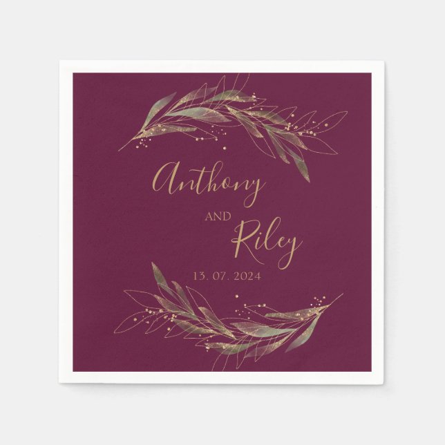 Royal wedding burgundy and golden paper napkins (Front)