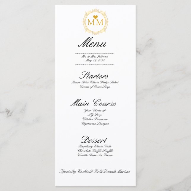 Royal Wedding Gold Heart Monogram | Dinner Menu (Front)