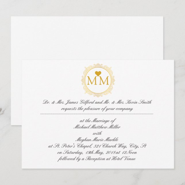 Royal Wedding Invitation | Monogram Gold Script (Front/Back)