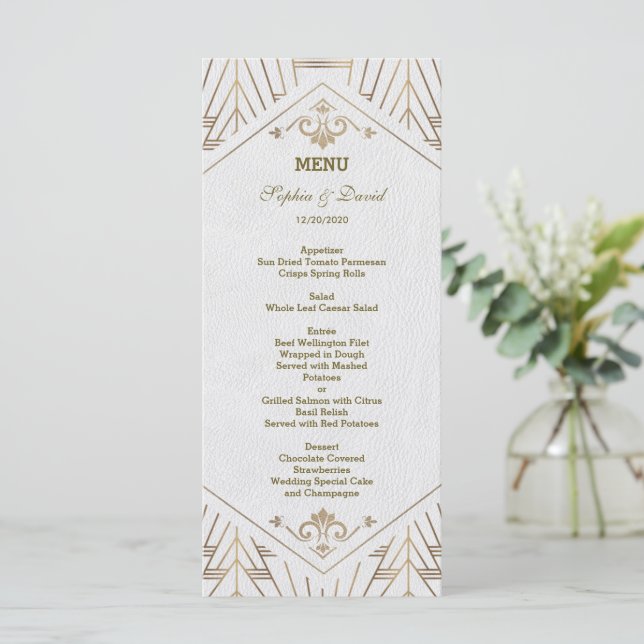 Royal White Gold Great Gatsby Wedding Menu (Standing Front)
