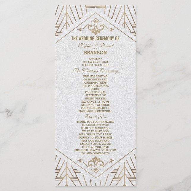 Royal White Gold Great Gatsby Wedding Program (Front)