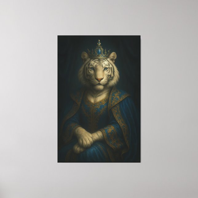 Royal White Tiger Emperor – Blue Robes & Jewel Cro Canvas Print (Front)