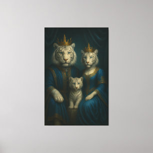 Royal White Tiger Family Portrait – Majestic Blue- Canvas Print
