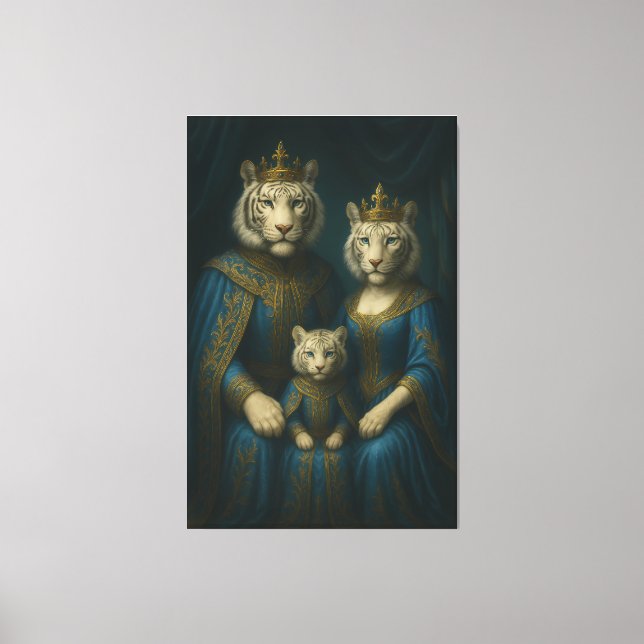 Royal White Tiger Family Portrait – Majestic Blue- Canvas Print (Front)
