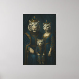 Royal White Tiger Family Portrait – Majestic Blue- Canvas Print