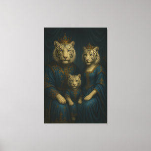 Royal White Tiger Family Portrait – Majestic Blue- Canvas Print