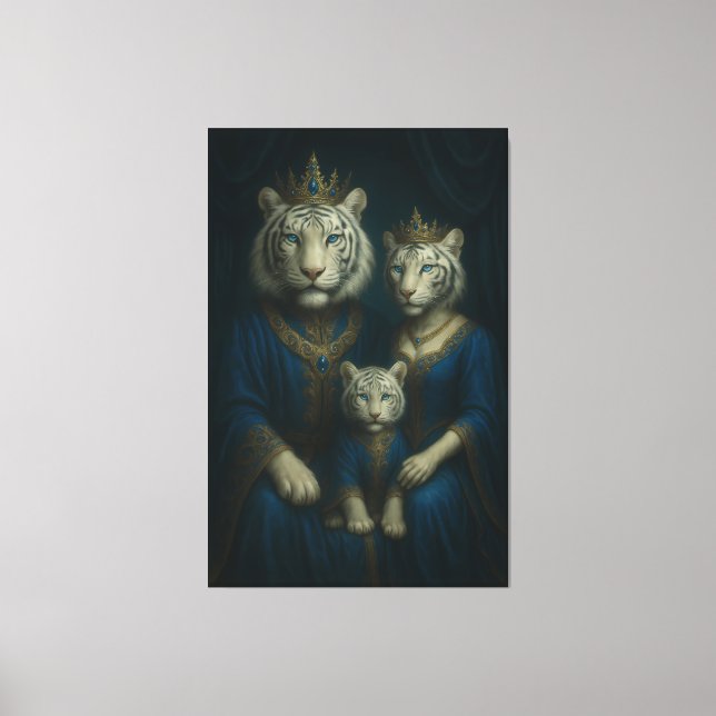 Royal White Tiger Family Portrait – Majestic Blue- Canvas Print (Front)