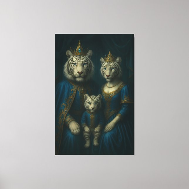 Royal White Tiger Family Portrait – Majestic Blue- Canvas Print (Front)