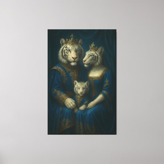 Royal White Tiger Family Portrait – Majestic Blue- Canvas Print (Front)
