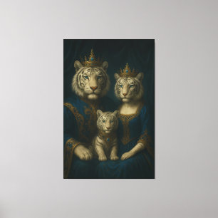 Royal White Tiger Family Portrait – Majestic Blue- Canvas Print