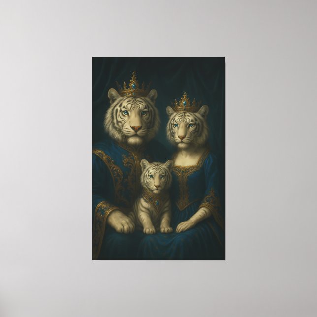 Royal White Tiger Family Portrait – Majestic Blue- Canvas Print (Front)