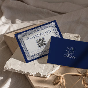 Royale Blue Lace Doily Old Money QR Code Wedding RSVP Card