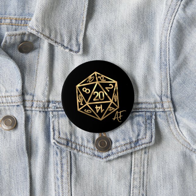 RPG Crit AF | Gold Fantasy Tabletop Gamer Dice 3 Inch Round Button (In Situ)
