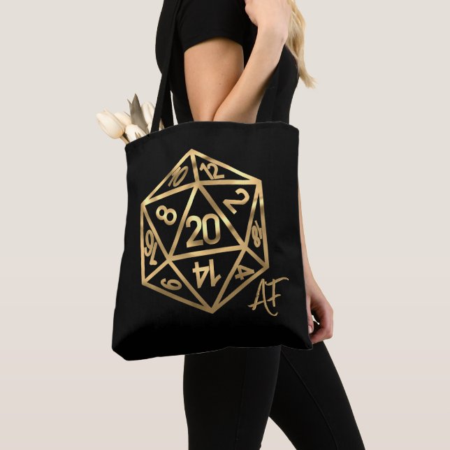 RPG Crit AF | Gold Fantasy Tabletop Gamer Dice Tote Bag (Close Up)