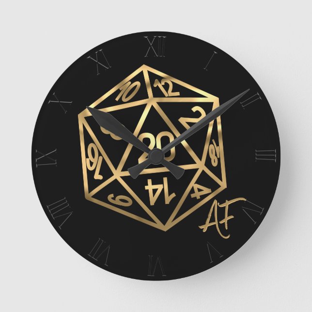 RPG Crit AF | Gold Retro Tabletop Role Player Dice Round Clock (Front)