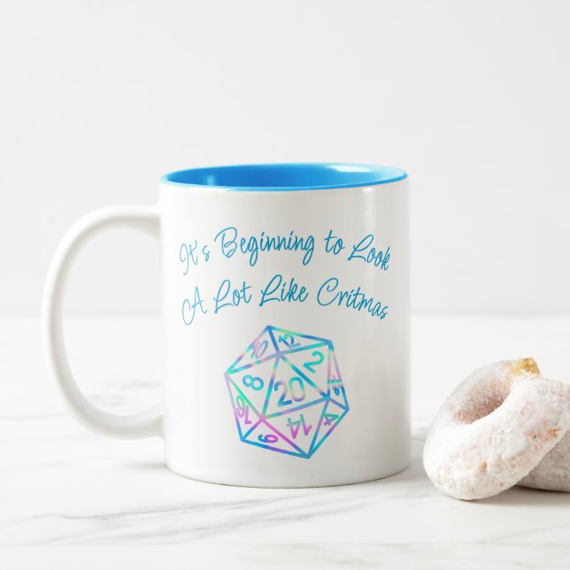 RPG Critmas | Holo Retro Tabletop Role Player Dice Two-Tone Coffee Mug (With Donut)