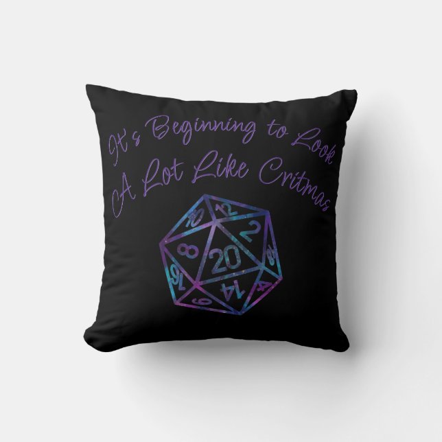 RPG Critmas | Purple Fantasy Tabletop Gamer Dice Throw Pillow (Front)
