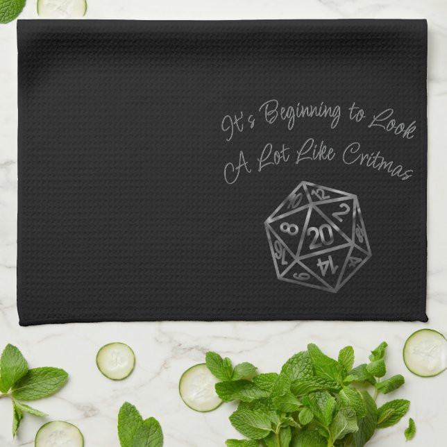 RPG Critmas | Silver Fantasy Tabletop Gamer Dice Kitchen Towel (Folded)