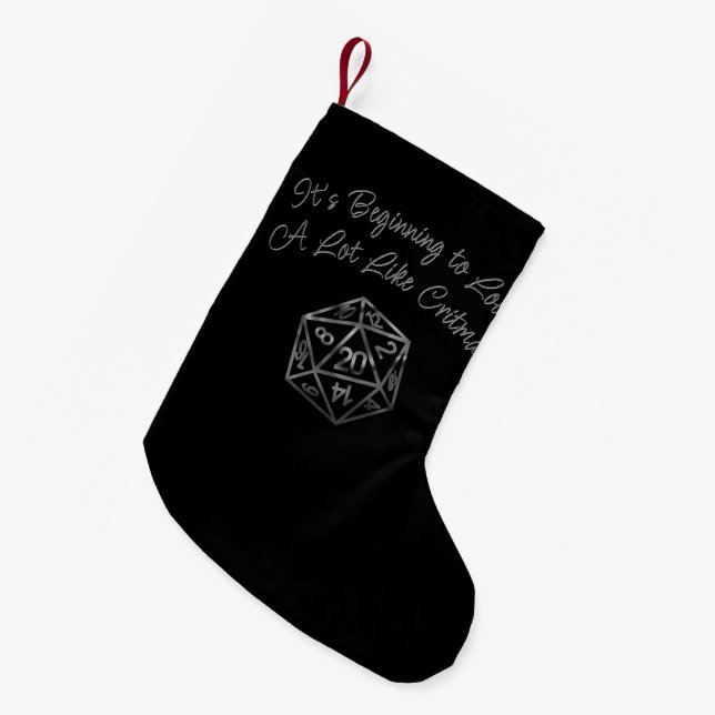 RPG Critmas | Silver Fantasy Tabletop Gamer Dice Small Christmas Stocking (Front (Hanging))