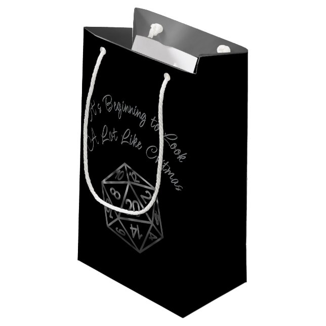 RPG Critmas | Silver Fantasy Tabletop Gamer Dice Small Gift Bag (Back Angled)