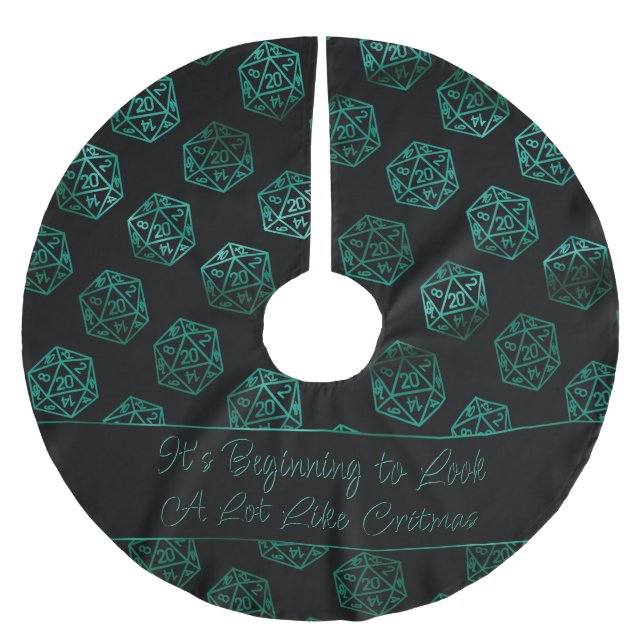 RPG Critmas | Teal Green Tabletop Retro Gamer Dice Brushed Polyester Tree Skirt (Front)