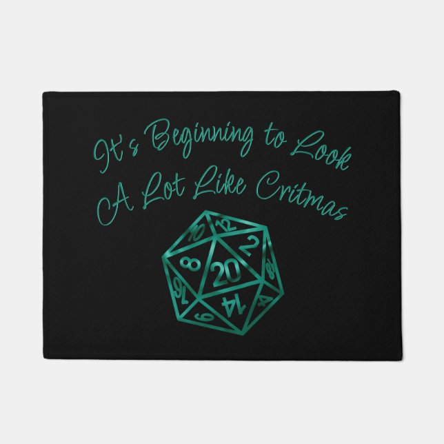 RPG Critmas | Teal Green Tabletop Retro Gamer Dice Doormat (Front)