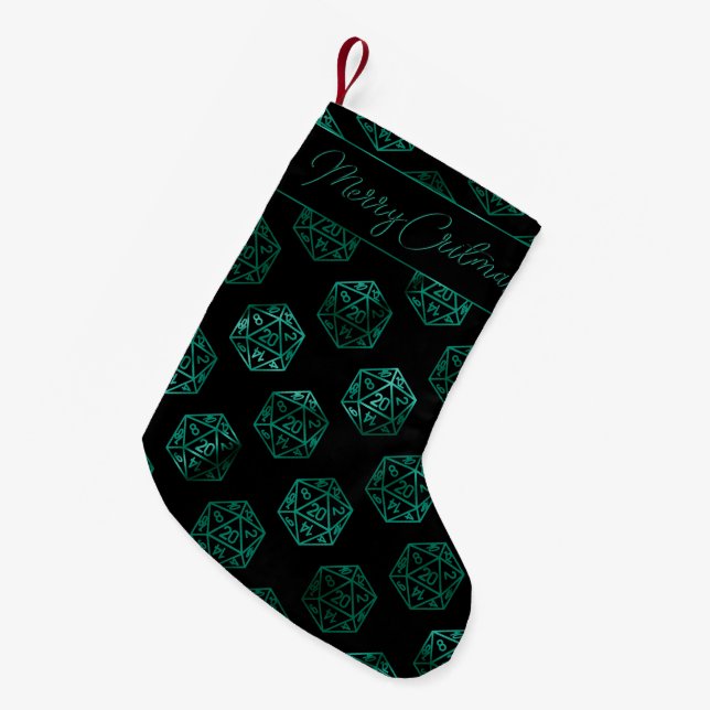 RPG Critmas | Teal Green Tabletop Retro Gamer Dice Small Christmas Stocking (Front (Hanging))
