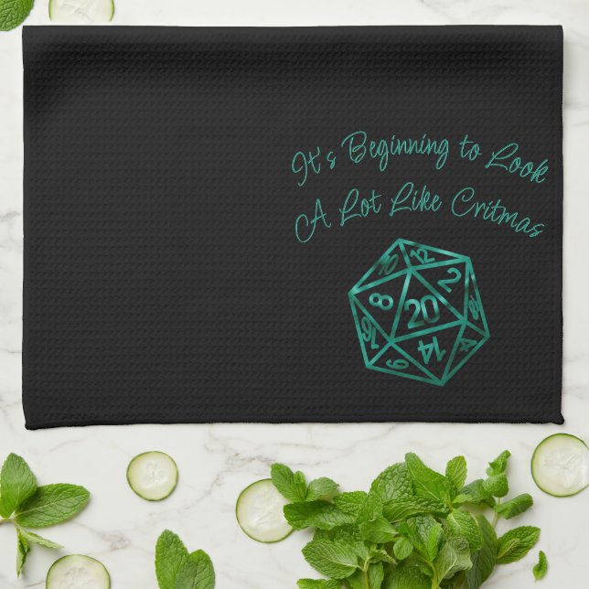 RPG Critmas | Teal Green Tabletop Roleplayer Dice Kitchen Towel (Folded)
