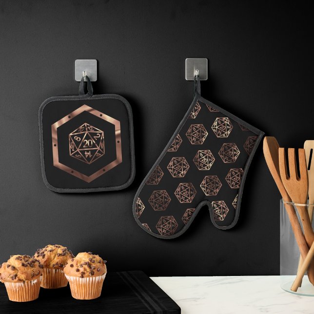 RPG Dice | Copper Fantasy Retro Tabletop PnP Gamer Oven Mitt & Pot Holder Set (Creator Uploaded)