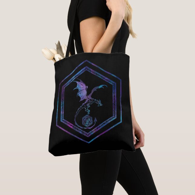 RPG Dice Dragon | Holo Retro Tabletop Role Player Tote Bag (Close Up)
