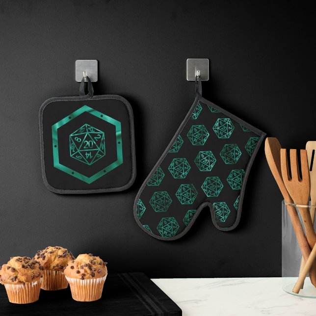 RPG Dice | Emerald Fantasy Tabletop Retro Gamer Oven Mitt & Pot Holder Set (Creator Uploaded)