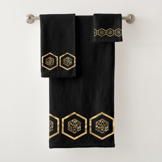 RPG Dice | Gold Fantasy Tabletop Retro PnP Gamer Bath Towel Set (Insitu)