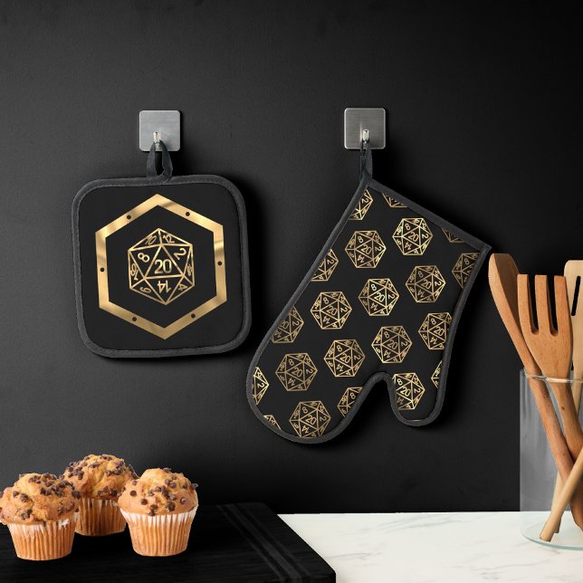 RPG Dice | Gold Fantasy Tabletop Retro PnP Gamer Oven Mitt & Pot Holder Set (Creator Uploaded)
