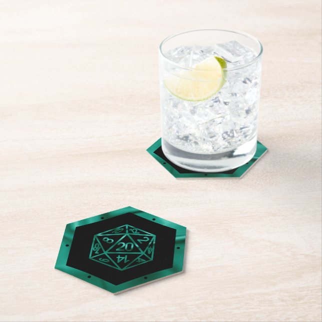 RPG Dice | Teal Green Retro Tabletop Roleplayer Paper Coaster (Insitu)