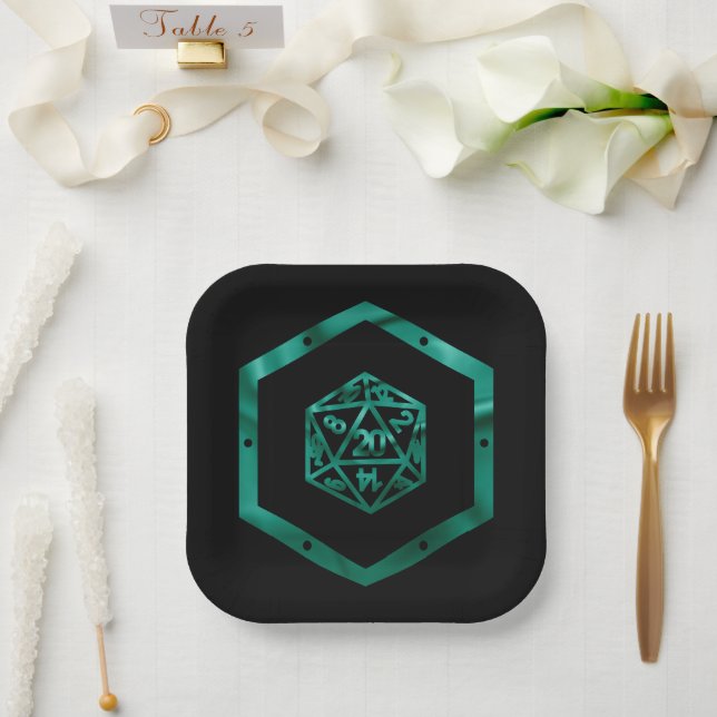 RPG Dice | Teal Green Retro Tabletop Roleplayer Paper Plate (Wedding)