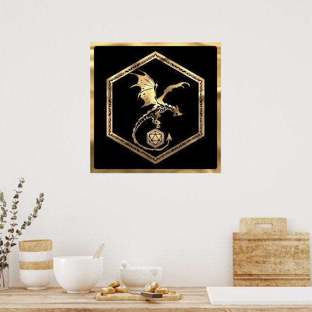 RPG Dragon | Gold Fantasy Tabletop PnP Gamer Dice Poster (Kitchen)