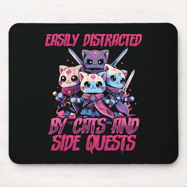 Rpg Gamer Cats Side Quest Distracted Nerdy Tableto Mouse Pad (Front)