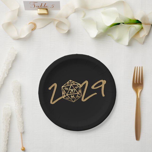 RPG Year | Gold Retro Tabletop PnP Roleplayer Dice Paper Plate (Wedding)