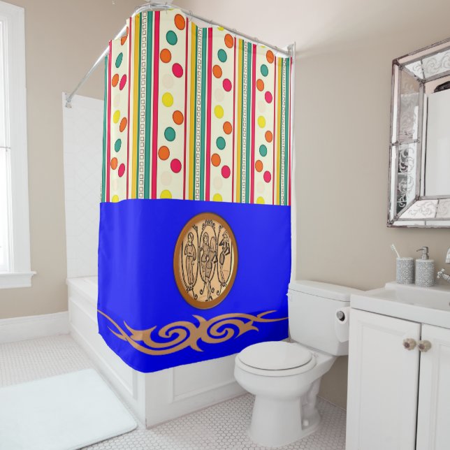Rrainbow dots colourful blue showercurtain (In Situ)