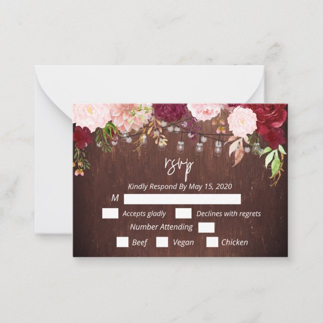 RSSVP Burgundy Flower Wood Mason Jar Lights Postca Card (Front)