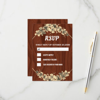 Rstic Wood Backdrop Gold Floral  RSVP Card